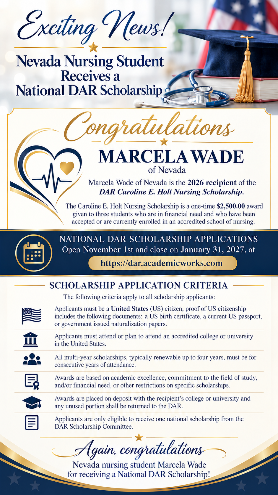 Nevada Nursing Student Receives a National DAR Scholarship!